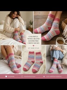Colorful Wool-Blend Geometric Crew Socks ~ Orange & Blue (NWT) ~Size 5 to 9